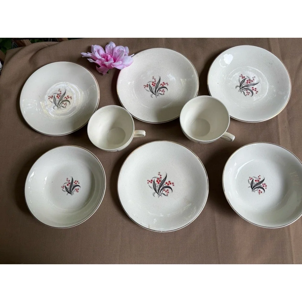 Wedgwood Set Of 8 Black Red Gold Trim VTG England Small Plates Cups Bowls
